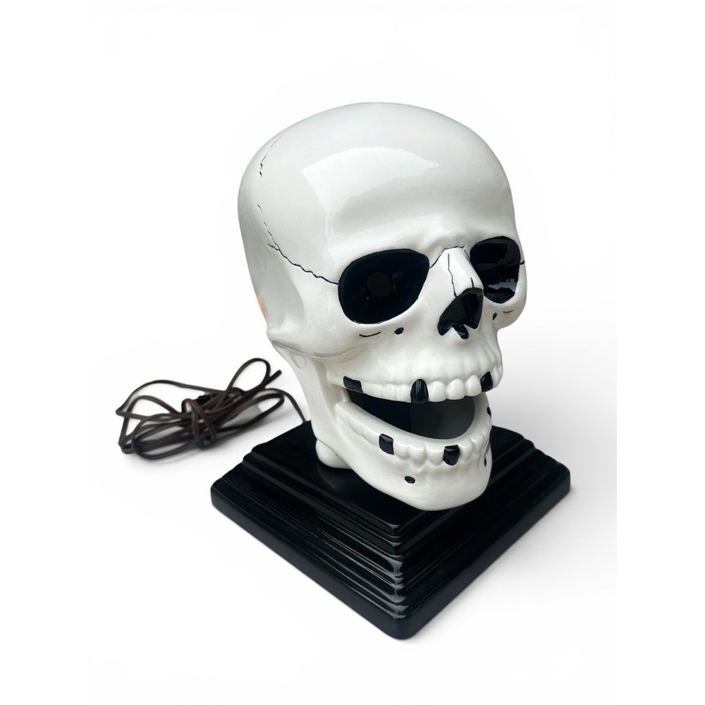 Vintage Atlantic Mold Ceramic Skull Lamp Halloween Light Hand Painted 12" Decor